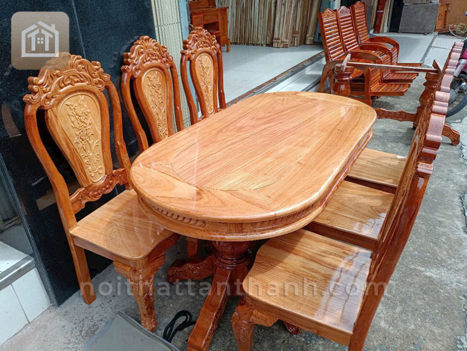 Bộ bàn ăn 6 ghế bầu dục - Gỗ căm xe