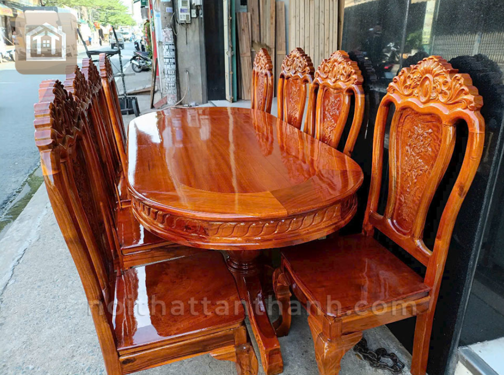Bộ bàn ăn 8 ghế bầu dục - Gỗ tràm