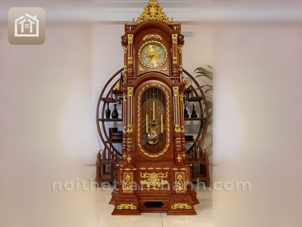 Đồng hồ tứ trụ mạ vàng gỗ hương đá 