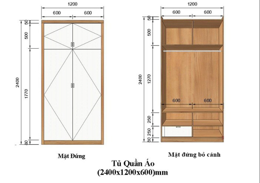 Kích thước tủ quần áo theo chiều rộng
